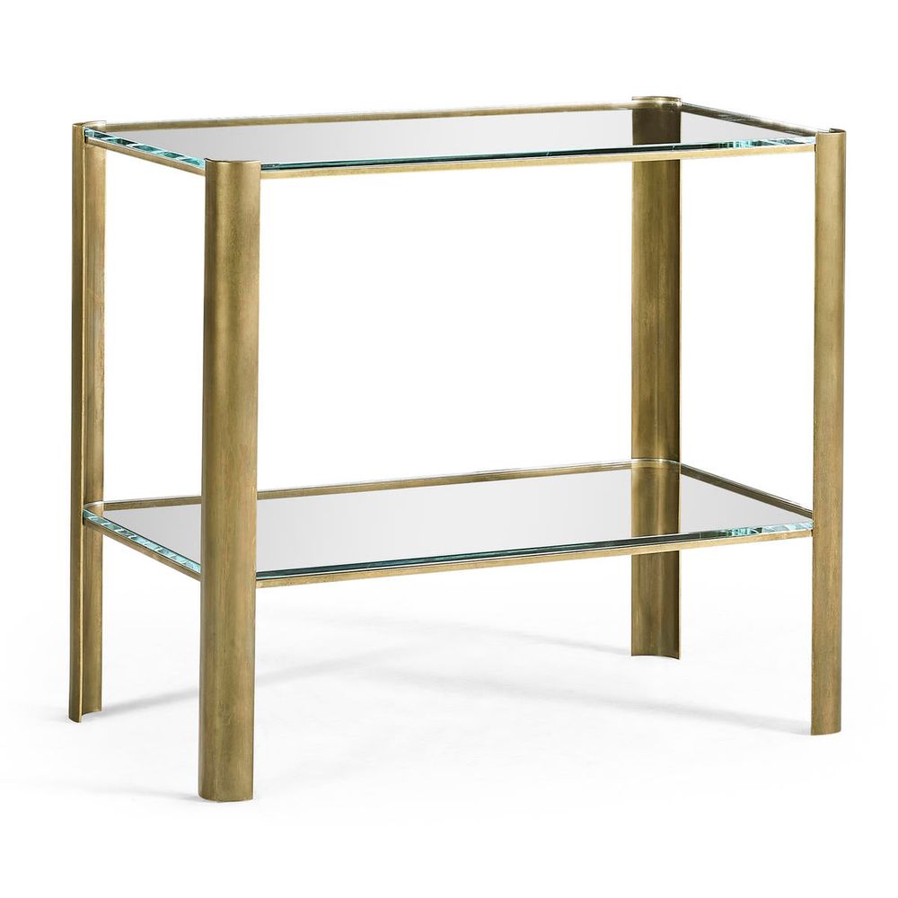 Alternate view of Brass & Glass End Table, featuring brushed metal finish, brass, glass, and two-tier glass shelving.