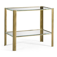 Alternate view of Brass & Glass End Table, featuring brushed metal finish, brass, glass, and two-tier glass shelving.