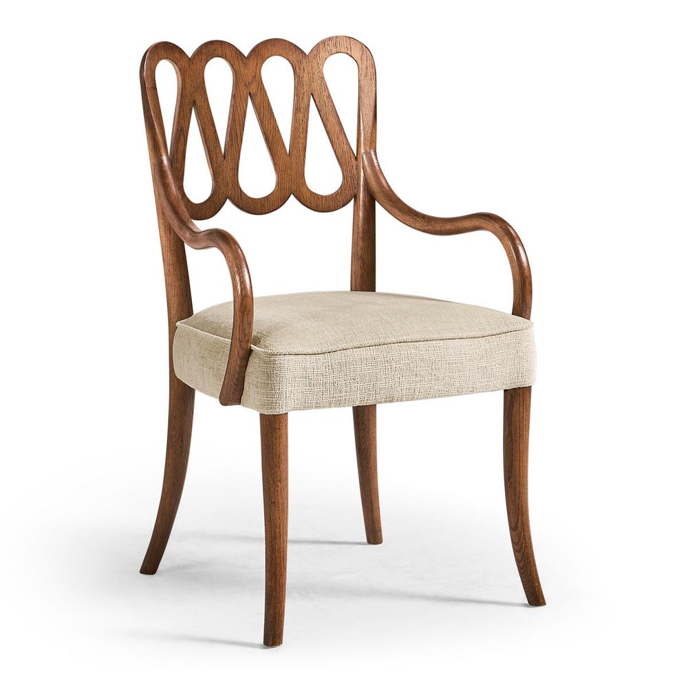 Alternate view of Ampney Toasted Oak Arm Chair, featuring matte upholstery finish, oak wood, woven fabric, and fixed arms.