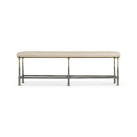 Hamilton Bench, shown in beige and gunmetal gray with fabric, metal, and upholstered rectangular seat cushion.