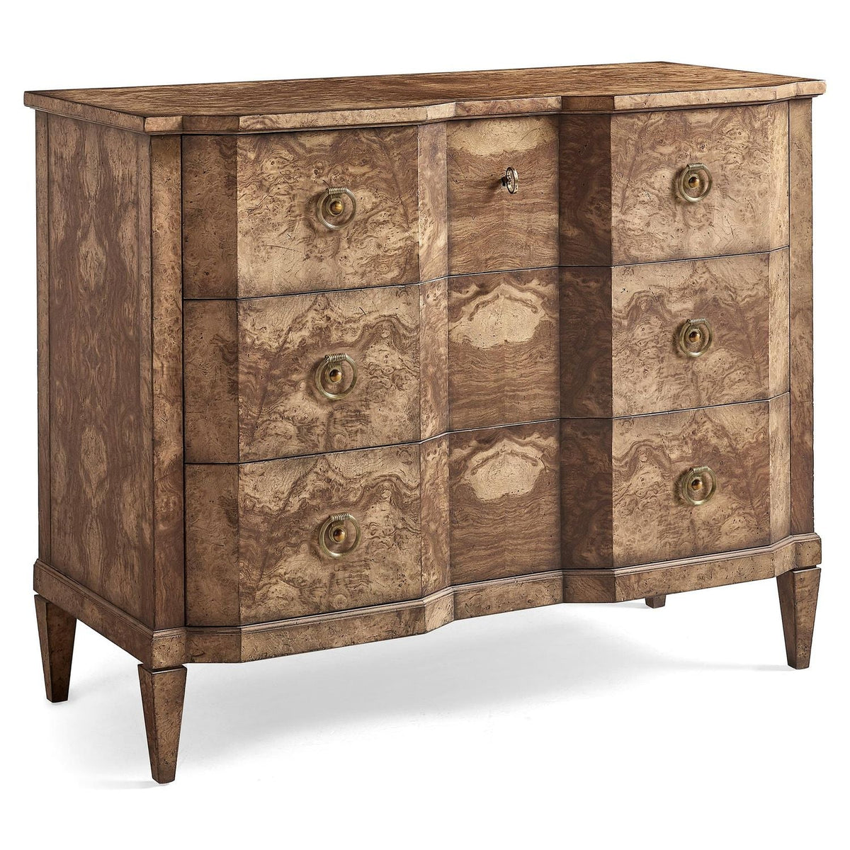 Carlisle Chest, shown in warm medium brown and golden amber brown with burl wood veneer and hardwood.
