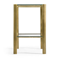 Additional view of Brass & Glass End Table, featuring brushed metal finish, brass, glass, and two-tier glass shelving.