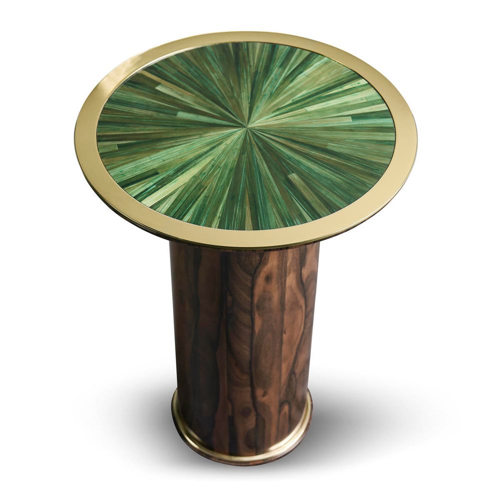 Additional view of Verdure Side Table in dark walnut brown and emerald green.