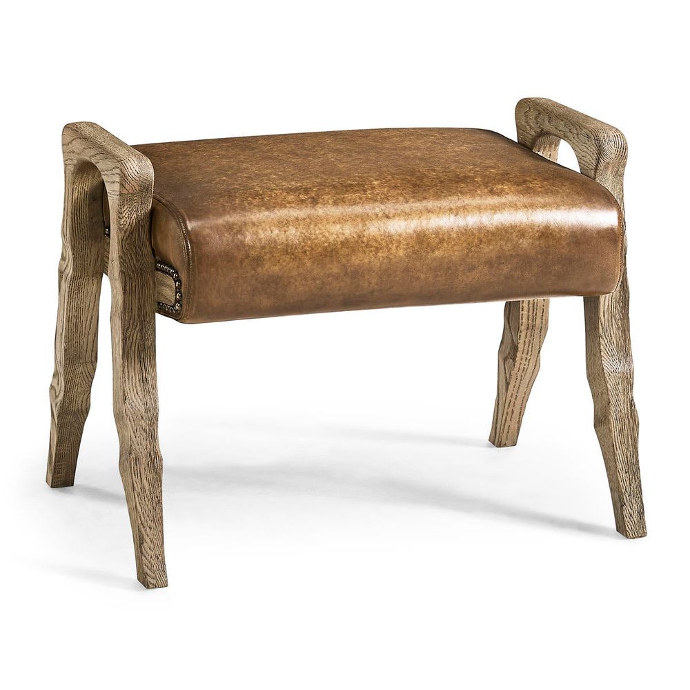 Alternate view of Echo Canyon Leather Footstool in warm cognac brown and natural light oak.