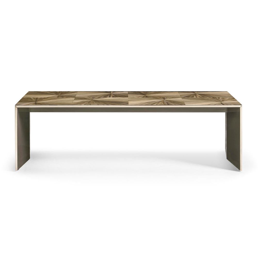 Terra Waterfall Coffee Table, shown in warm taupe and natural wood brown with wood veneer and metal.