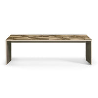Terra Waterfall Coffee Table, shown in warm taupe and natural wood brown with wood veneer and metal.