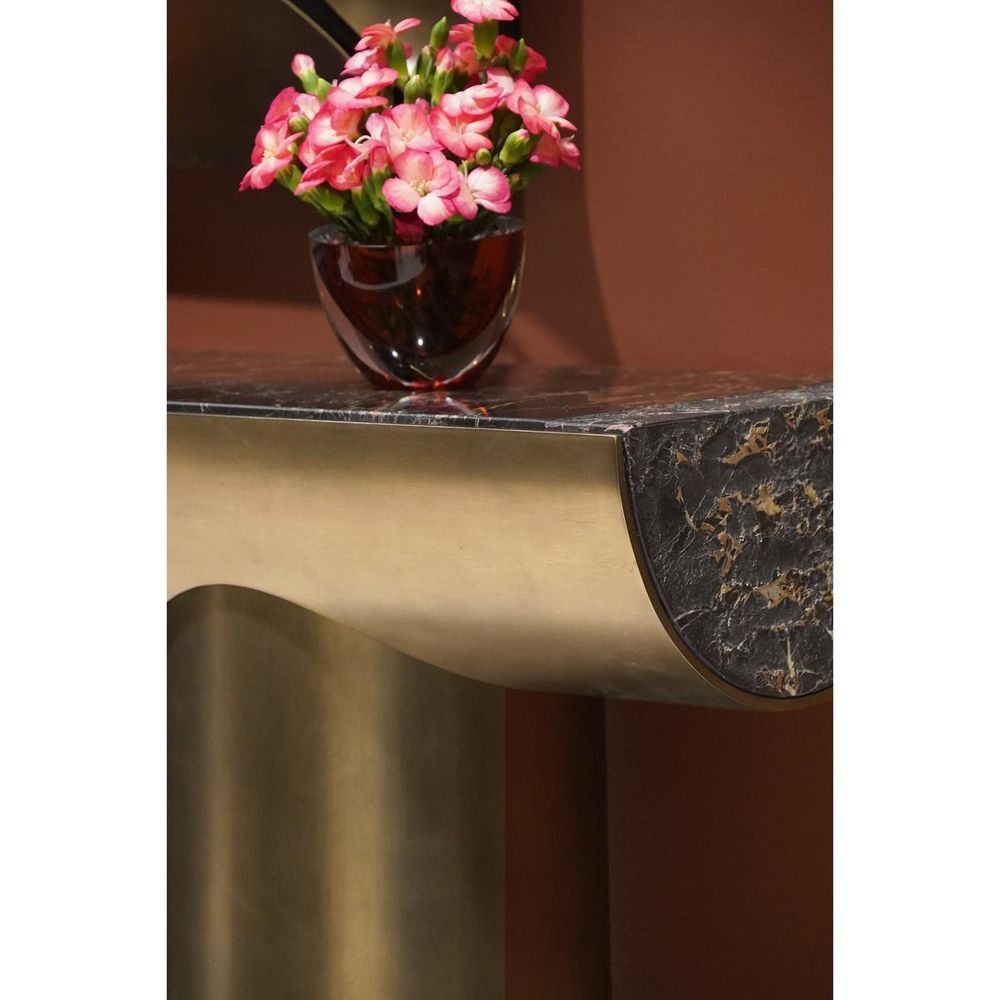 Alternate view of Nova Console Table, featuring brushed metal finish, brass, marble, and narrow console depth.