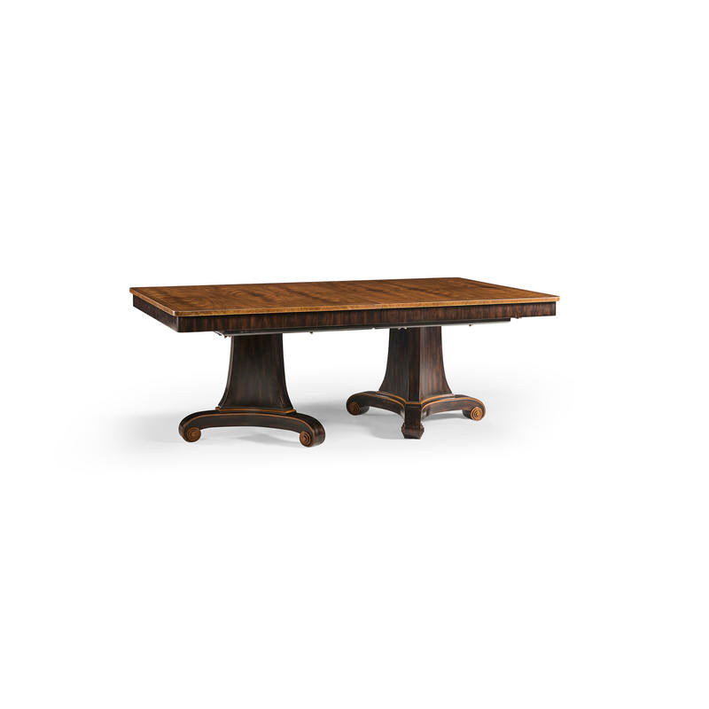 Additional view of Rosette Dining Table in dark brown and espresso, featuring polished lacquer and a double pedestal base.