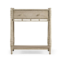 Morris Bedside Table, shown in light taupe and weathered beige with wood and single full-width drawer with dual round knobs.