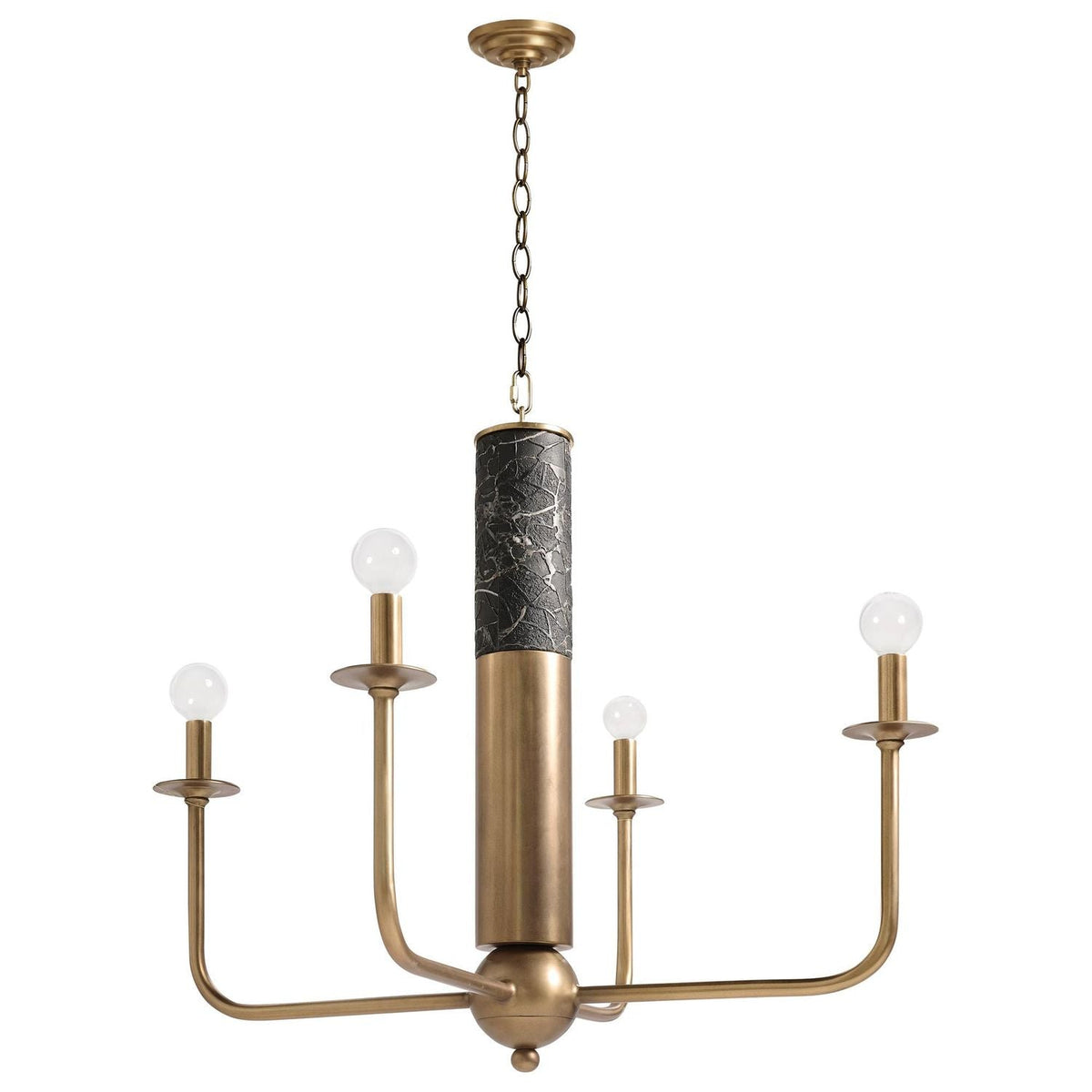 Nova Chandelier, shown in antique brass and warm gold with brass, metal, and a chain-hung ceiling mount.