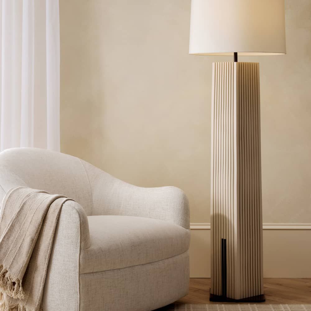 Alternate view of Aureliata Floor Lamp, featuring fluted texture finish, resin, fabric, and a freestanding weighted base.