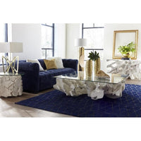 Alternate view of Ledger Coffee Table, featuring matte finish, wood, glass, and square glass tabletop.