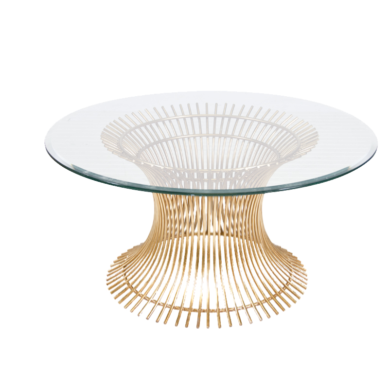 Powell Coffee Table Gold Leaf With 42" Diameter Beveled Glass, shown in gold and clear with glass and metal.