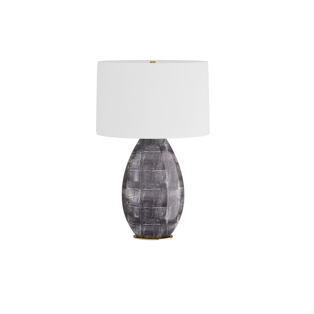 Viviana Lamp, shown in gray and white with porcelain, fabric, and a oval drum shade.