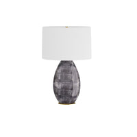 Viviana Lamp, shown in gray and white with porcelain, fabric, and a oval drum shade.