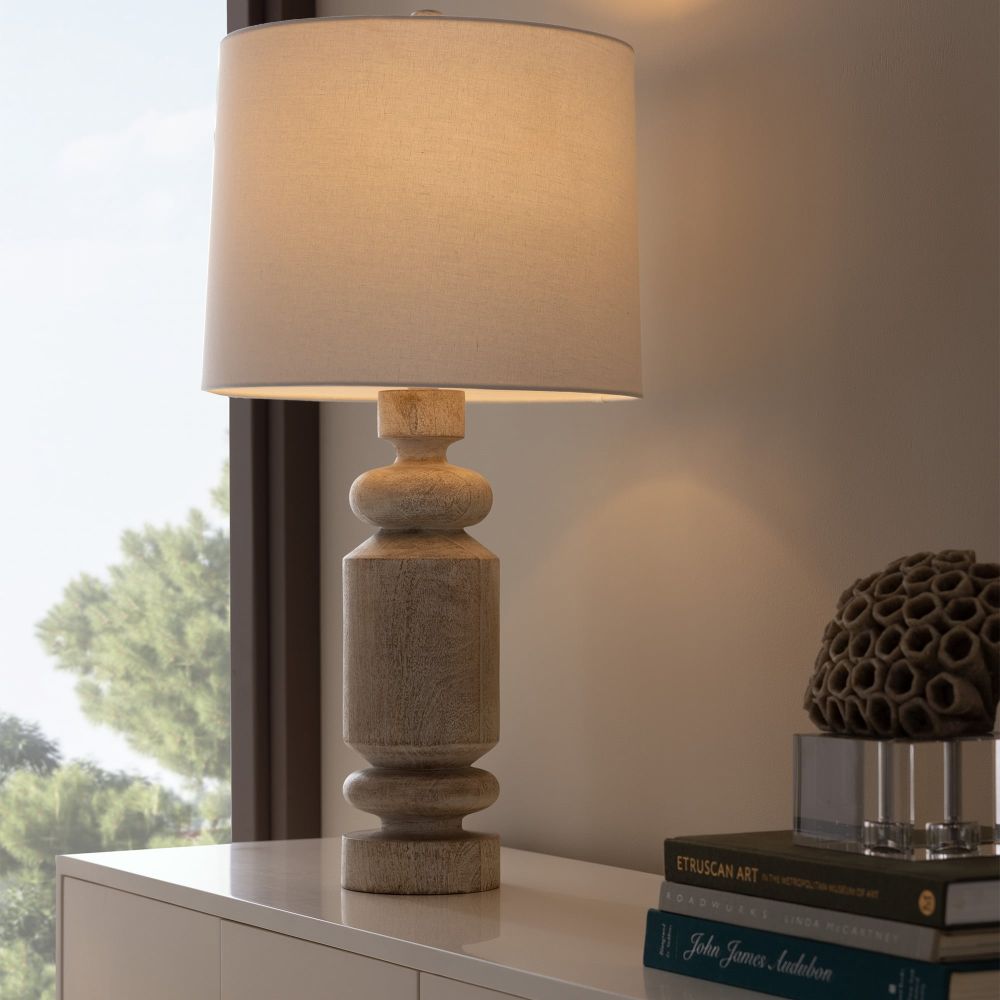 Alternate view of Halecrest Lamp, featuring distressed, wood, fabric, and a table lamp base.