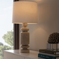 Alternate view of Halecrest Lamp, featuring distressed, wood, fabric, and a table lamp base.