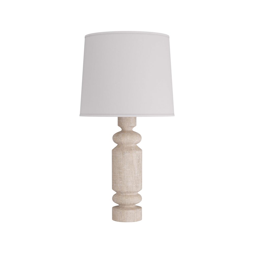 Halecrest Lamp, shown in light beige and warm taupe with wood, fabric, and a table lamp base.
