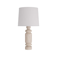 Halecrest Lamp, shown in light beige and warm taupe with wood, fabric, and a table lamp base.