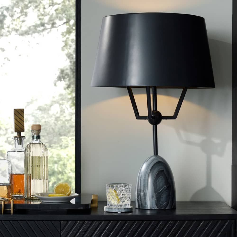 Alternate view of Varga Lamp, featuring matte finish, marble, metal, and a stable weighted stone base.