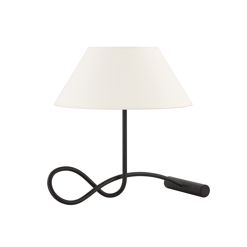 Alameda Table Lamp, shown in off-white and black with fabric, forged iron, and a tabletop freestanding base.
