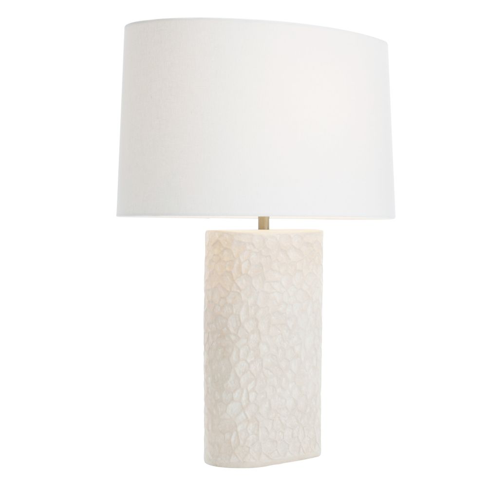 Alternate view of Verity Lamp, featuring textured relief finish, ceramic, fabric, and a table lamp base.