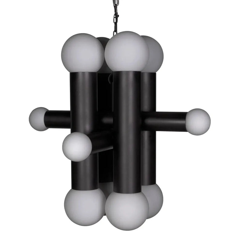 Amadeus Chandelier, shown in matte black and frosted white with metal, frosted glass, and chain-hung suspension.