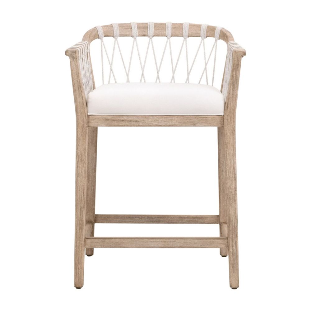 Pacific Counter Stool, shown in light natural wood and white with wood, fabric, and fixed arms.