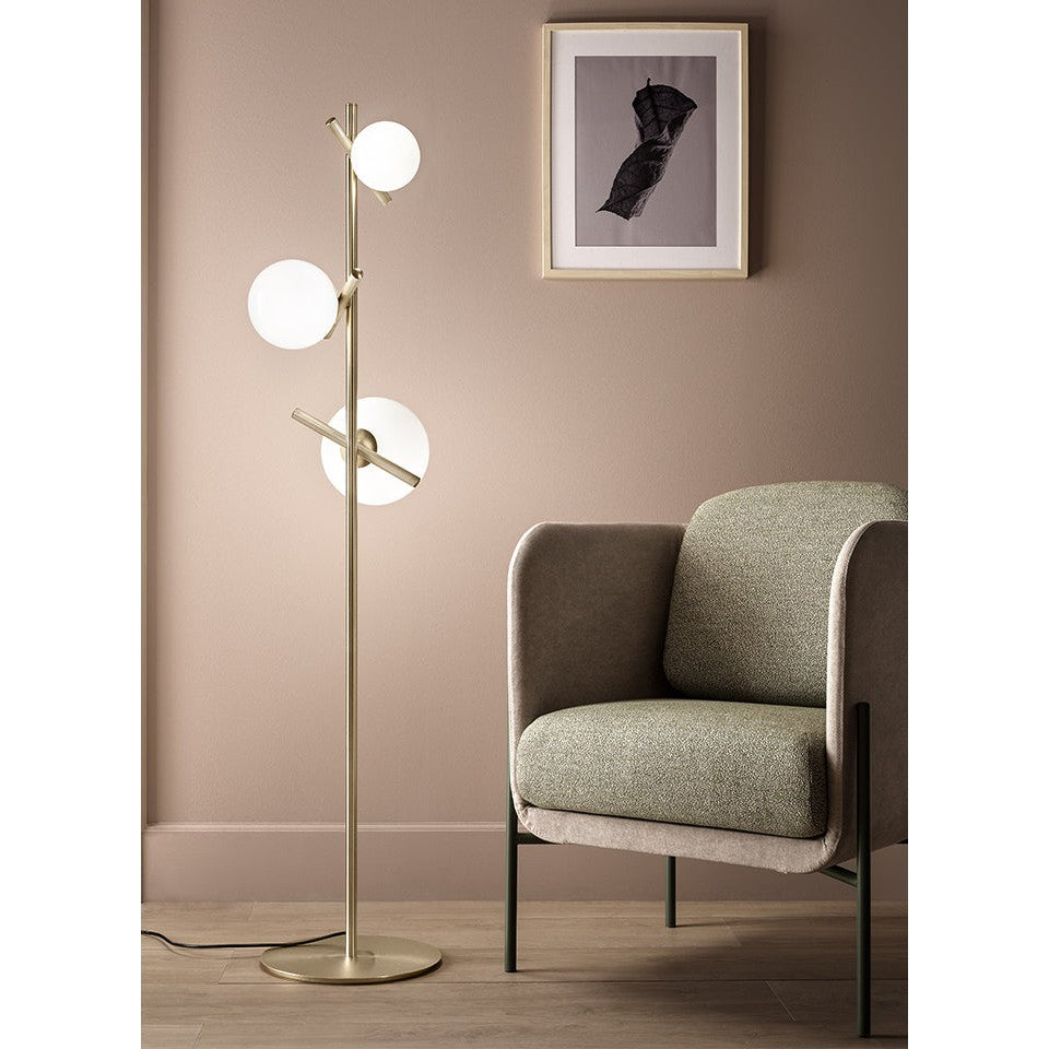 POSY STL, shown in brass gold and white with metal, glass, and a floor-standing circular base.