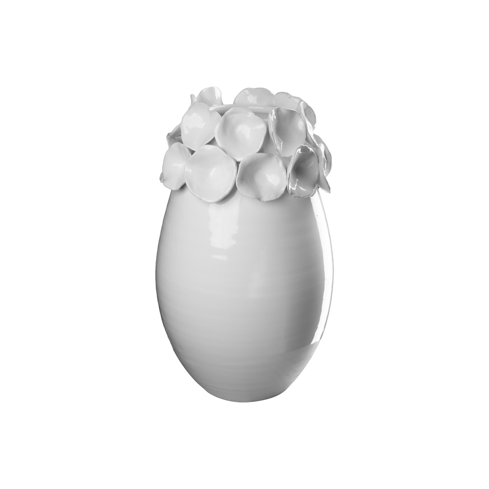Vase with Petals, White, shown in white with ceramic and open top vessel for stems or branches.