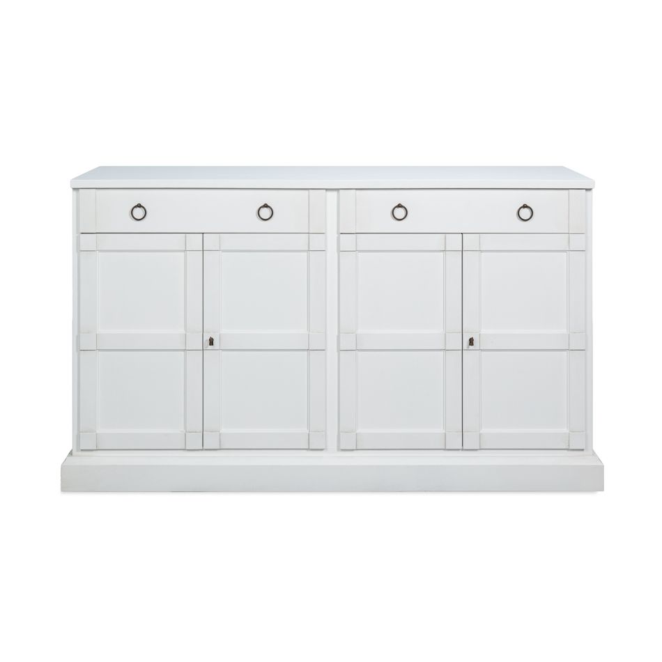 Center Media Base Shelves, shown in white with wood, metal, and four top drawers with ring pulls.