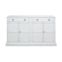 Center Media Base Shelves, shown in white with wood, metal, and four top drawers with ring pulls.