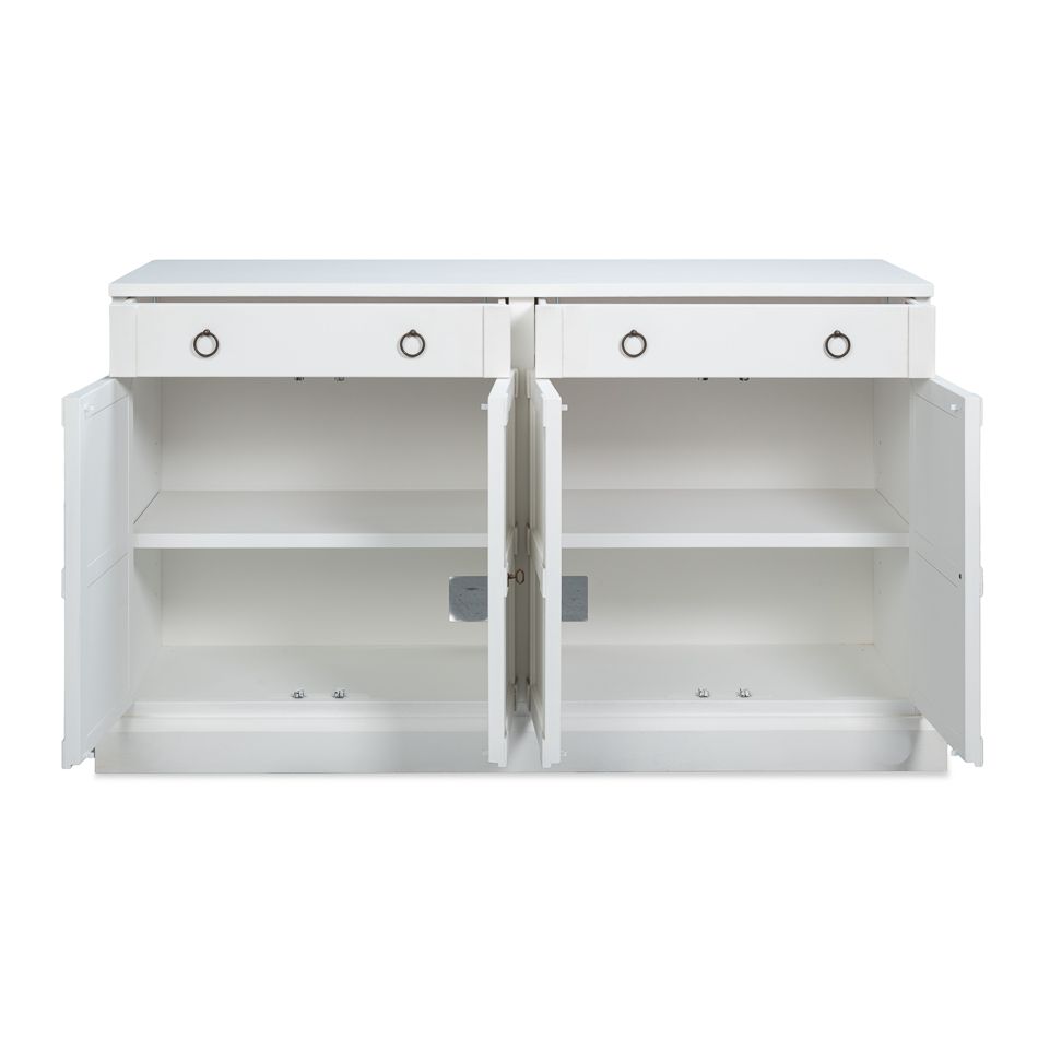 Alternate view of Center Media Base Shelves, featuring painted finish, wood, metal, and four top drawers with ring pulls.