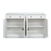 Alternate view of Center Media Base Shelves, featuring painted finish, wood, metal, and four top drawers with ring pulls.