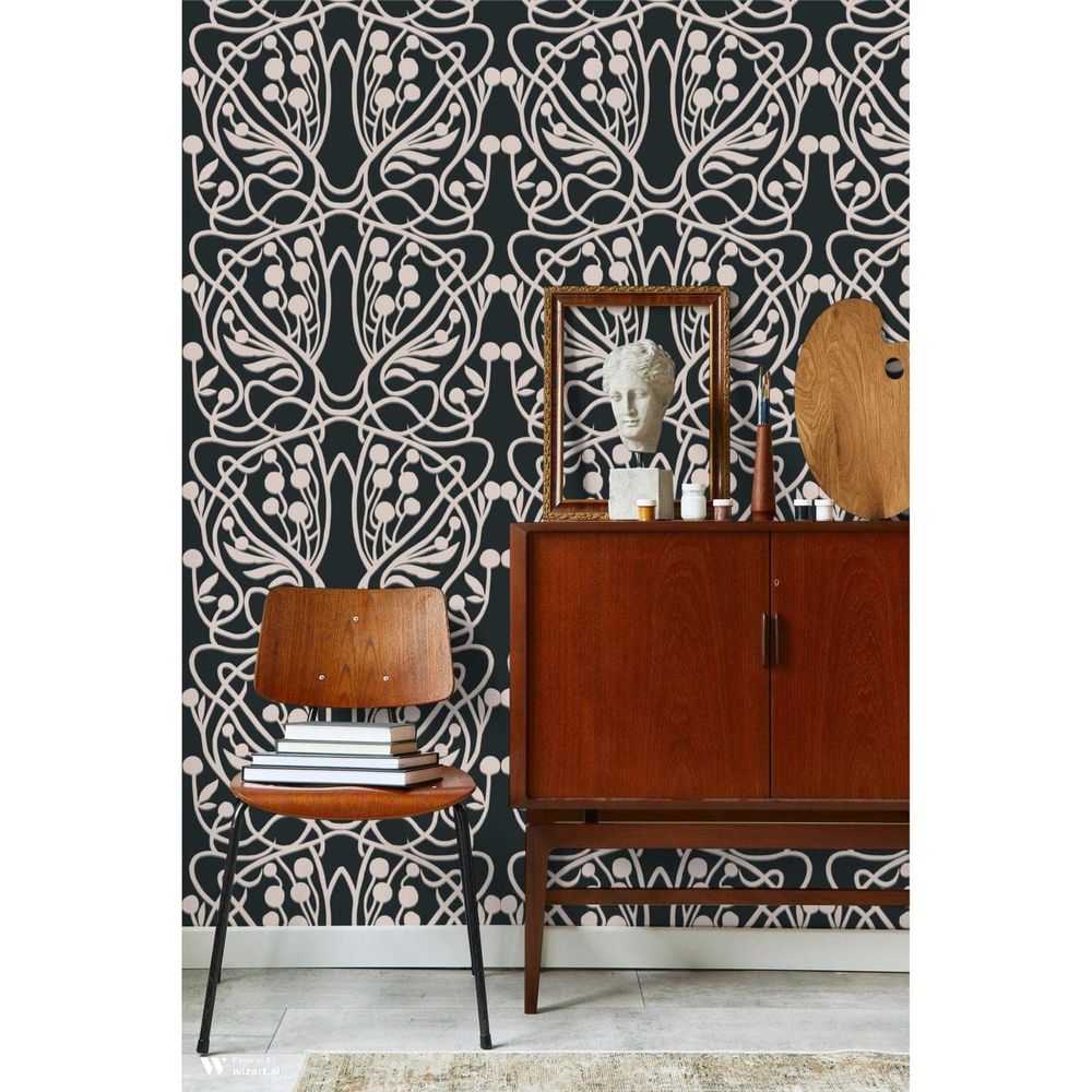 Vineyard Wallpaper, shown in charcoal black and blush pink with paper and printed substrate.