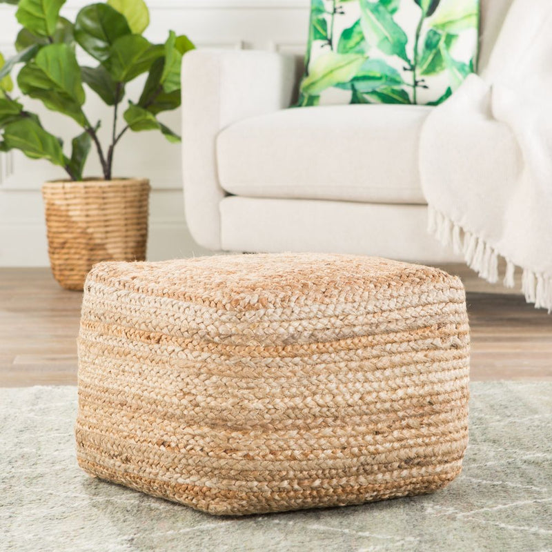 Alternate view of Samarth Natural Solid Beige Cuboid Pouf in natural beige and tan.