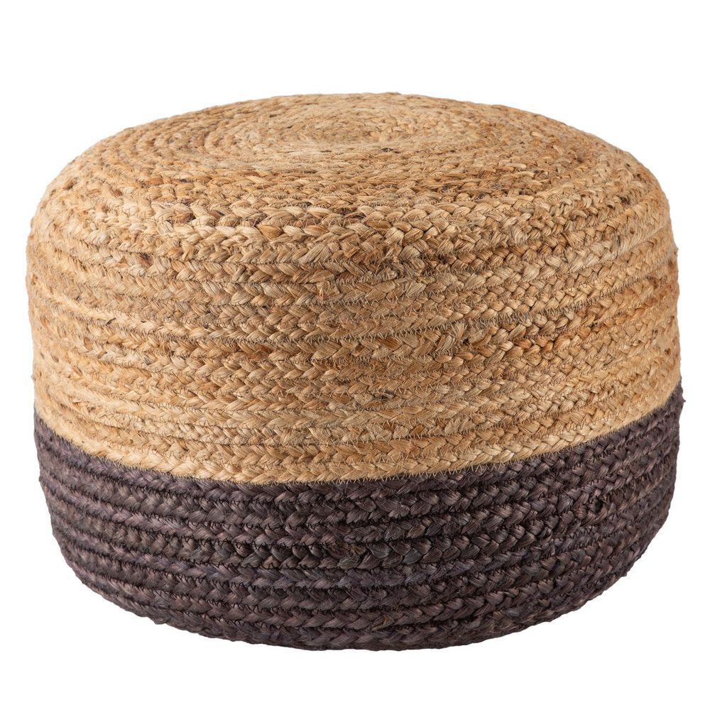 Antoine Ombre Natural Brown/ Beige Cylinder Pouf, shown in natural beige and dark brown with jute and sisal.