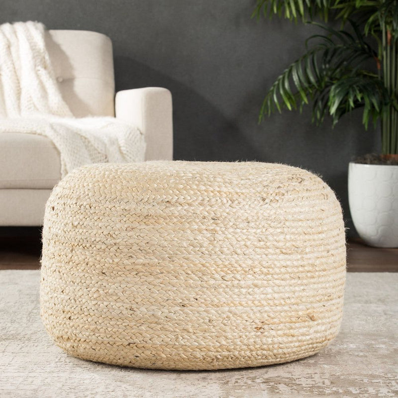 Alternate view of Samira Natural Solid White Cylinder Pouf in natural beige and cream.