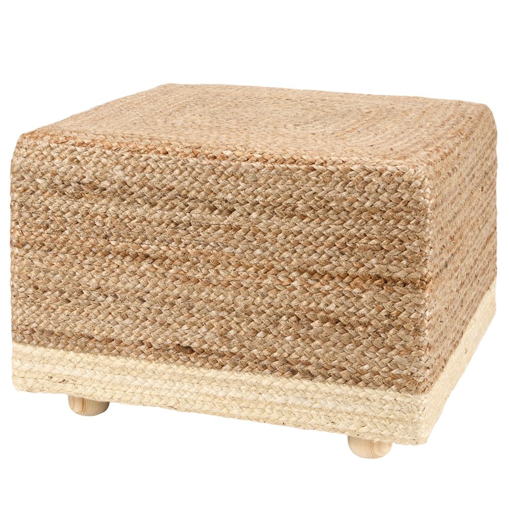Keviaru Handmade Solid Tan/Beige Pouf (20"X20"X14"), shown in tan and natural beige with jute and sisal.