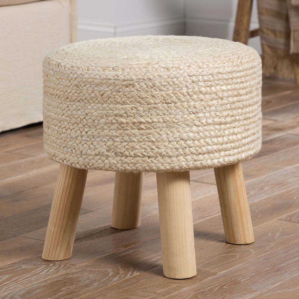 Additional view of Teiko Handmade Solid Beige Stool (16"X16"X16"), featuring jute, sisal, and fixed four-leg base.