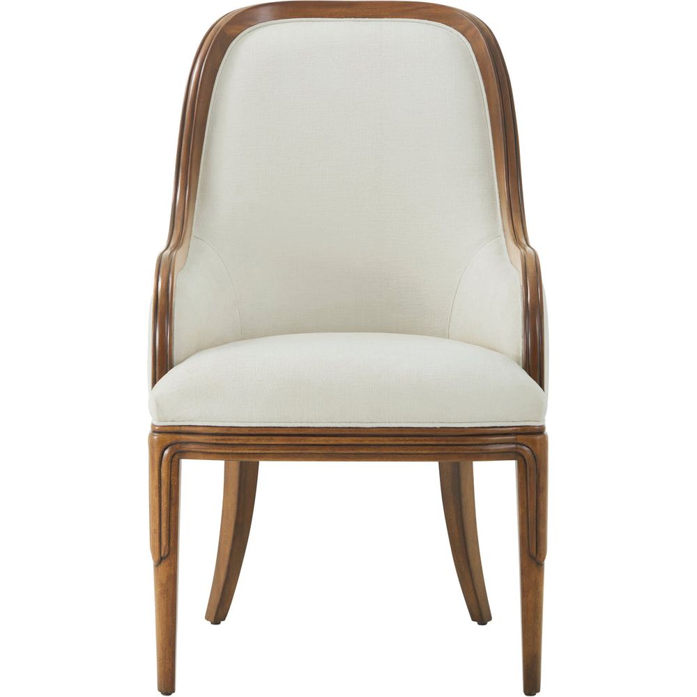 Dorchester Armchair, shown in ivory and medium walnut brown with figured walnut wood and woven fabric upholstery.