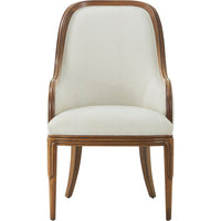 Dorchester Armchair, shown in ivory and medium walnut brown with figured walnut wood and woven fabric upholstery.