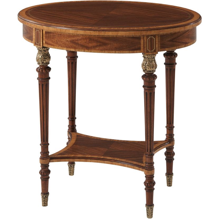 Aleron Side Table, shown in medium brown and warm amber-brown with wood, brass, and fixed lower shelf.
