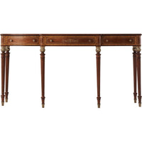 Aleron Serving Table, shown in warm mahogany brown and medium walnut with hardwood and brass.