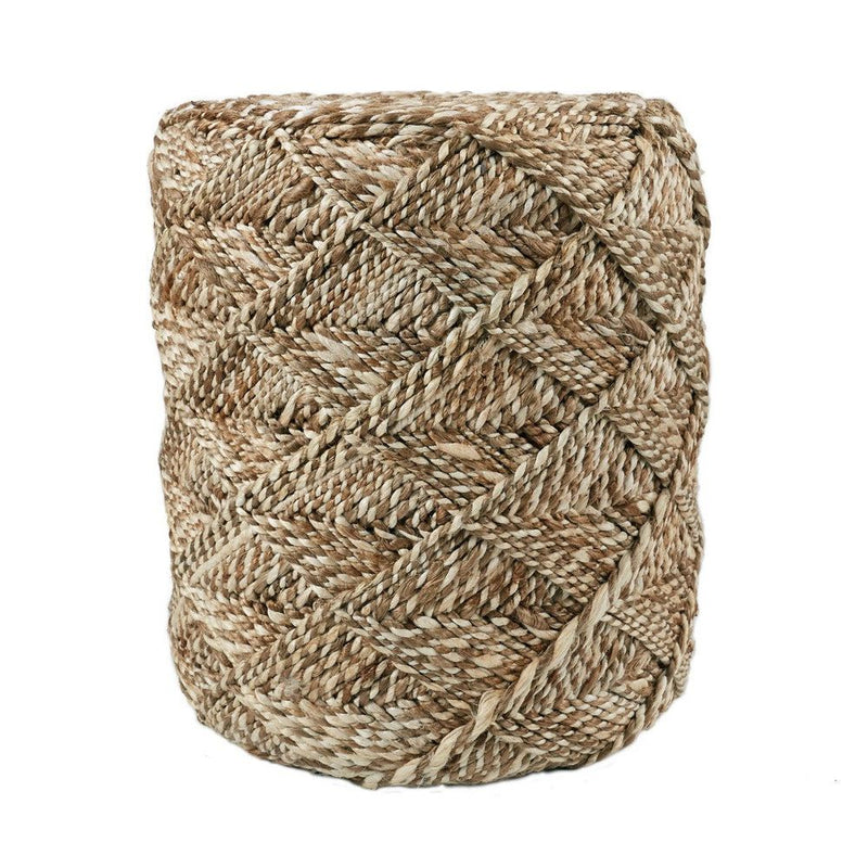 Yanikar Natural Beige/ White Cylinder Pouf, shown in beige and tan with jute, sisal, and solid upholstered cylinder.