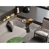 Additional view of Zaria Side Table in dark brown and brushed gold, featuring round primary glass tabletop.