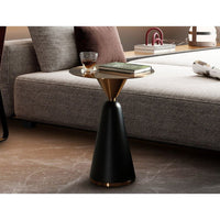 Zora Side Table, shown in black and brushed copper/bronze gold with metal and a compact round top.
