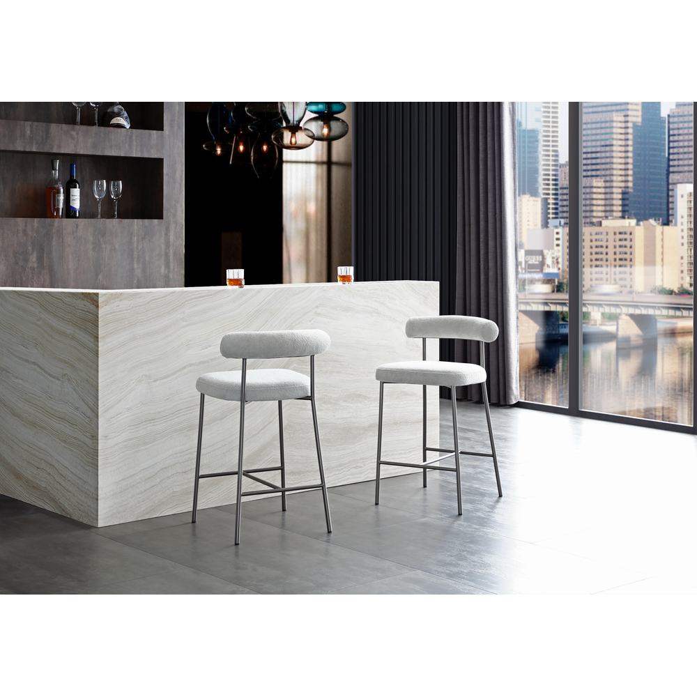 Alternate view of Ella Counter Stool, featuring textured upholstery finish, bouclé fabric, metal, and fixed open backrest.