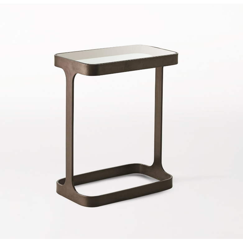 Alternate view of Saddle Table in gray and bronze.