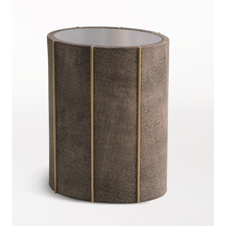 Churchill Oval Drum Table, shown in dark brown and taupe with shagreen, brass, and a solid drum base.